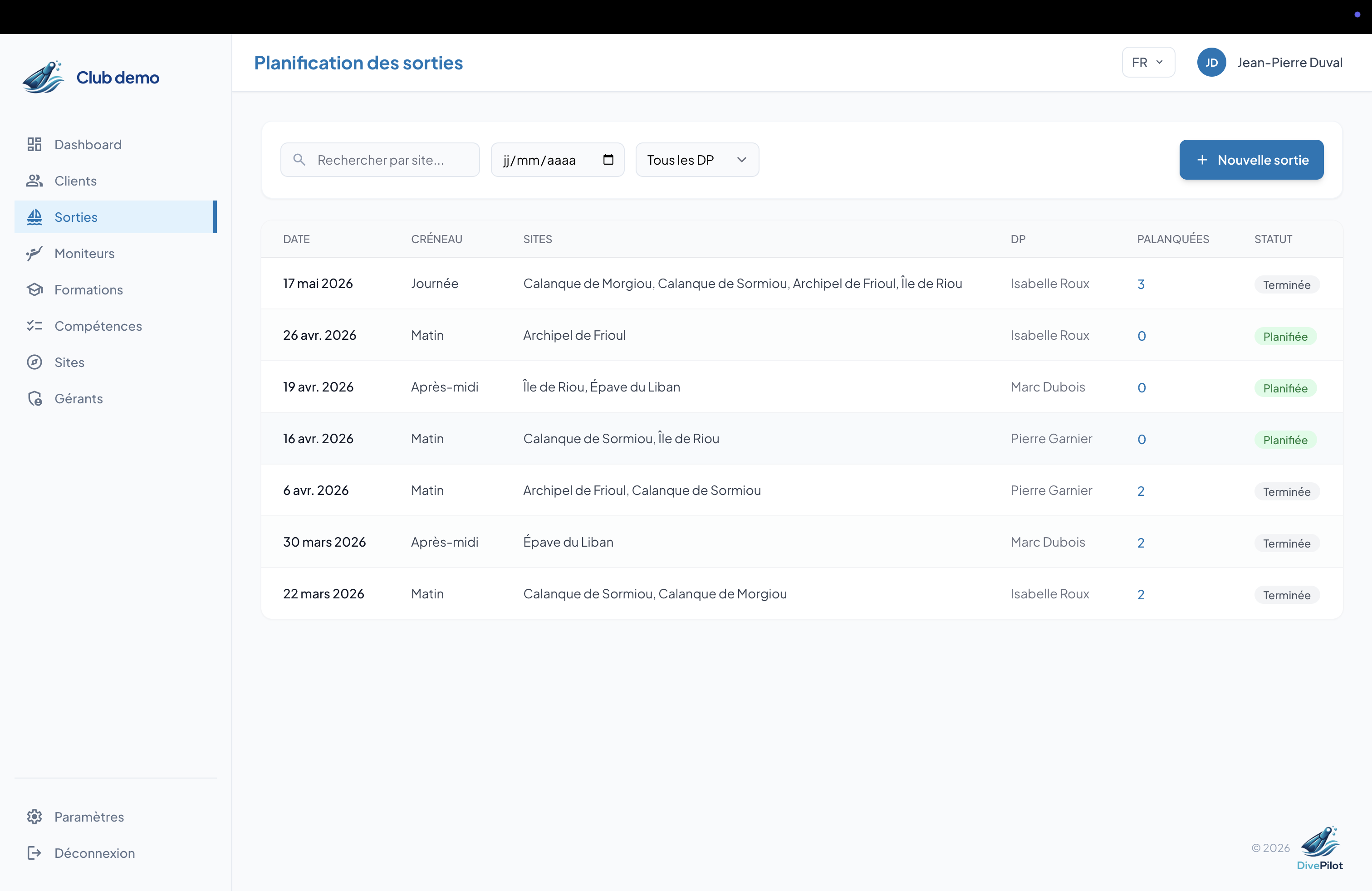 Planification des sorties